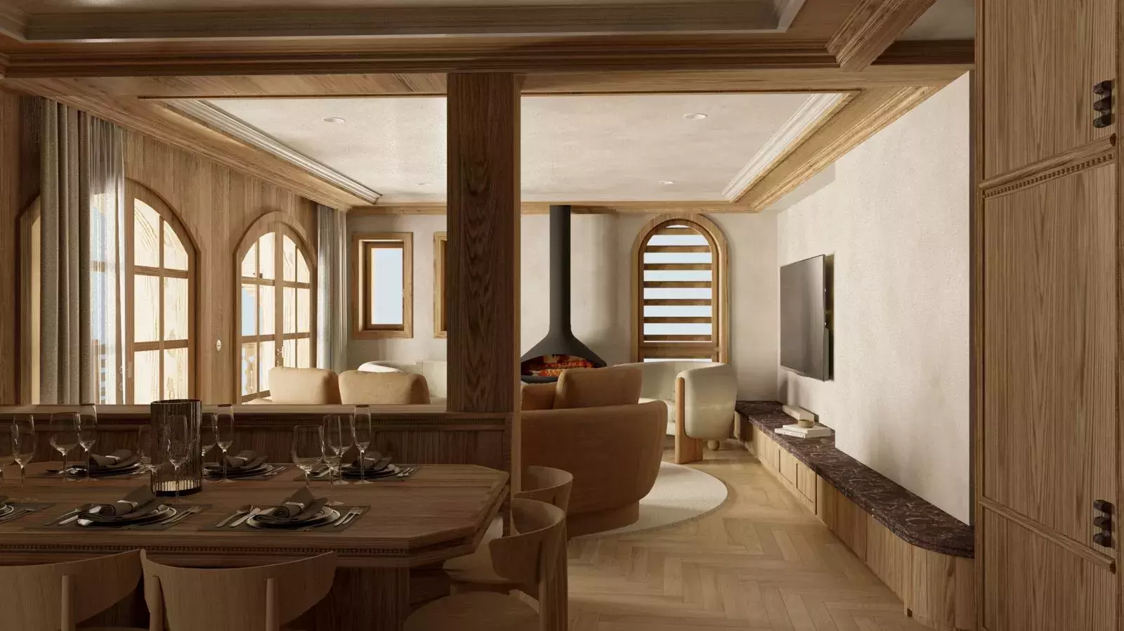 Rendu 3D du séjour de l'appartement Rebekah